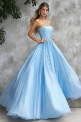 Himmelblaues Trägerloses Langes Ballkleid in A-Linie